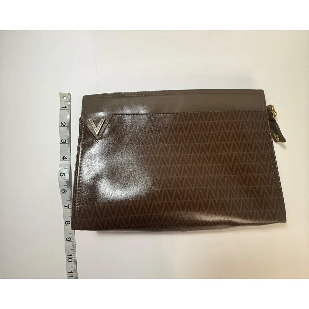 Authentic Valentino Monogram Clutch Bag Brown & Gold Faux Leather Zip Closure 11